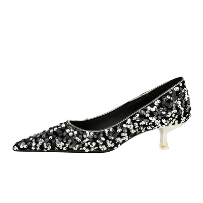 237-21 Korean New Style Fashion Temperament Banquet Shining Sequins Women'S Mid-Heel Shallow Mouth Pointed Toe Sparkling Single Shoes