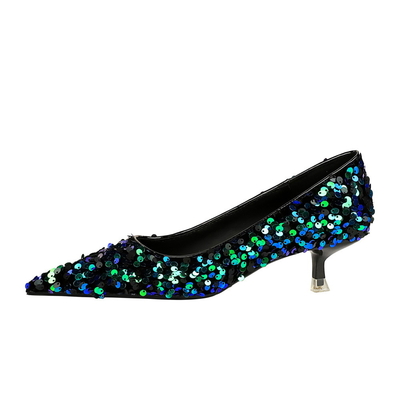 237-21 Korean New Style Fashion Temperament Banquet Shining Sequins Women'S Mid-Heel Shallow Mouth Pointed Toe Sparkling Single Shoes