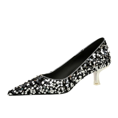 237-21 Korean New Style Fashion Temperament Banquet Shining Sequins Women'S Mid-Heel Shallow Mouth Pointed Toe Sparkling Single Shoes