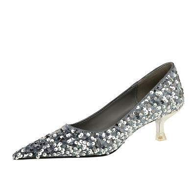 237-21 Korean New Style Fashion Temperament Banquet Shining Sequins Women'S Mid-Heel Shallow Mouth Pointed Toe Sparkling Single Shoes