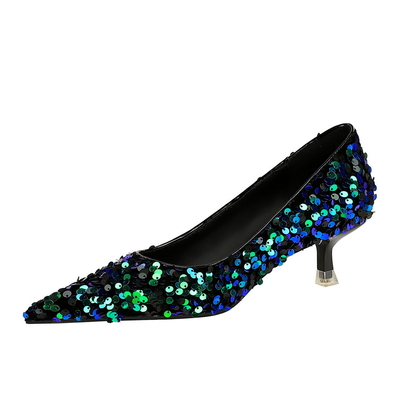 237-21 Korean New Style Fashion Temperament Banquet Shining Sequins Women'S Mid-Heel Shallow Mouth Pointed Toe Sparkling Single Shoes
