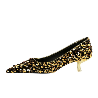 237-21 Korean New Style Fashion Temperament Banquet Shining Sequins Women'S Mid-Heel Shallow Mouth Pointed Toe Sparkling Single Shoes