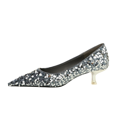 237-21 Korean New Style Fashion Temperament Banquet Shining Sequins Women'S Mid-Heel Shallow Mouth Pointed Toe Sparkling Single Shoes