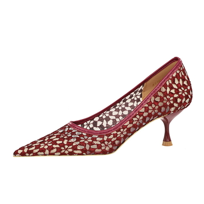 1961-5 European And American Style Fashion Banquet Women'S Stiletto Mid-Heel Pointed Toe Mesh Lace Sexy Slim Shoes