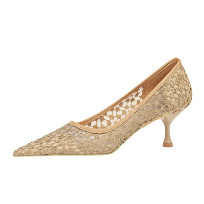 1961-5 European And American Style Fashion Banquet Women'S Stiletto Mid-Heel Pointed Toe Mesh Lace Sexy Slim Shoes