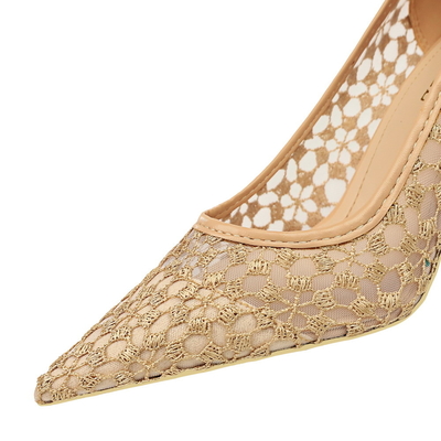 1961-5 European And American Style Fashion Banquet Women'S Stiletto Mid-Heel Pointed Toe Mesh Lace Sexy Slim Shoes