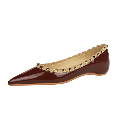 533-5 Korean Spring And Autumn New Shallow Mouth Pointed Toe Height-Enhancing Women'S Shoes Rivet Decoration Color Matching Patent Leather Pedicure Shoes