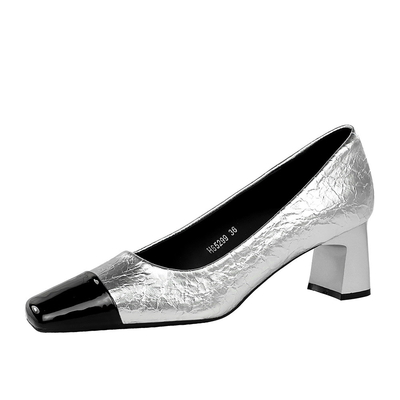 5299 Korean Version Banquet Women'S Shoes Mary Jane Crack Stitching Commuter High Heels Medium Thick Heel Square Toe Simple Single Shoes