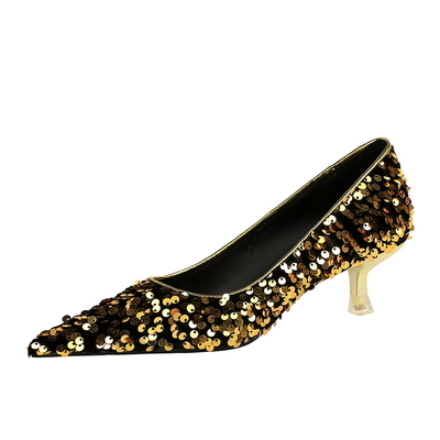 237-21 Korean New Style Fashion Temperament Banquet Shining Sequins Women'S Mid-Heel Shallow Mouth Pointed Toe Sparkling Single Shoes