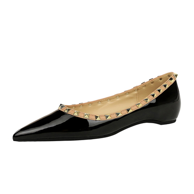 533-5 Korean Spring And Autumn New Shallow Mouth Pointed Toe Height-Enhancing Women'S Shoes Rivet Decoration Color Matching Patent Leather Pedicure Shoes